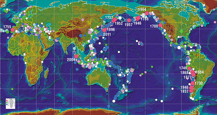 Карта очагов цунами, возникших в Мировом океане в течение последних двух тысяч лет («Наука из первых рук» №2/3 (78), 2018)